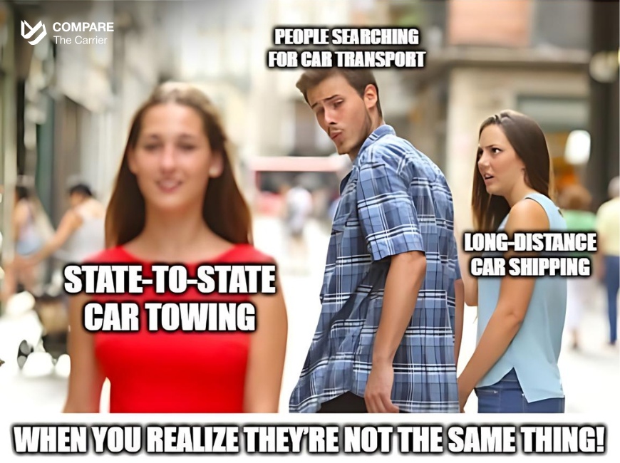 Full State-To-State Car Towing Guide 5 5 A classic 'Distracted Boyfriend' meme where the boyfriend represents people searching for car transport. He is looking at 'State-to-State Car Towing' while his annoyed girlfriend, labeled 'Long-Distance Car Shipping,' looks on. The caption reads 'When you realize they’re not the same thing!'