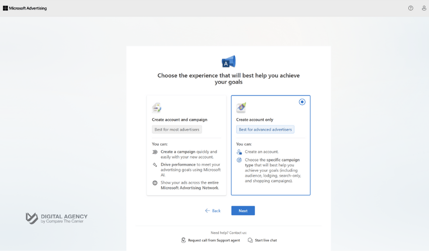Microsoft Advertising will ask how you want to set up your account