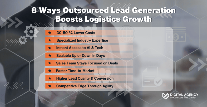 Infographic summarizing eight benefits of outsourcing lead generation for logistics companies