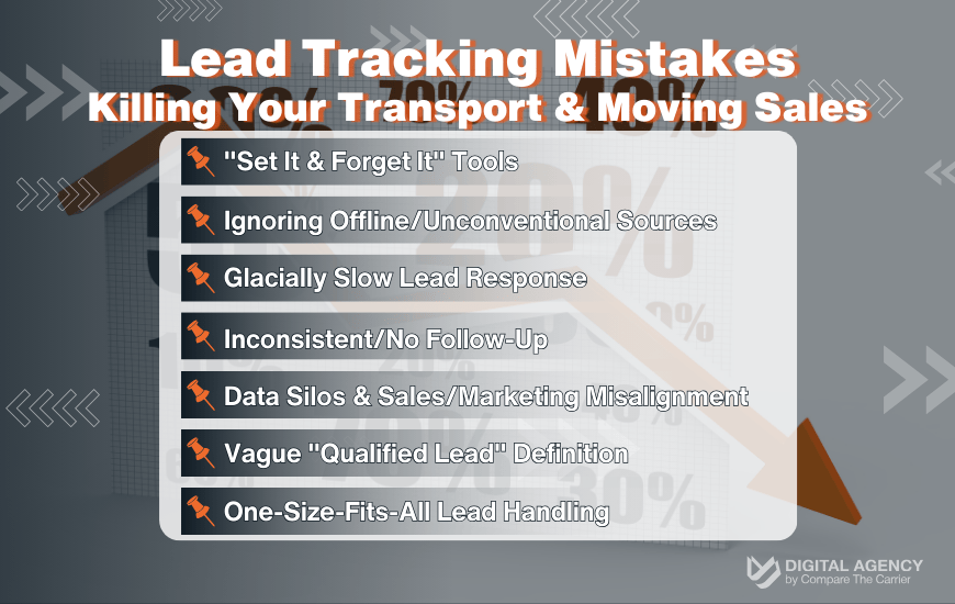 Common lead tracking mistakes in transport and moving: Set & Forget Tools, Ignoring Sources, Slow Response, No Follow-Up, Data Silos, Vague Definitions, One-Size-Fits-All - infographic by Compare The Carrier Digital Agency.