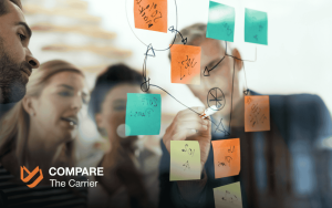 Team strategizing lead tracking on a whiteboard with sticky notes - Compare The Carrier article on lead tracking strategies.