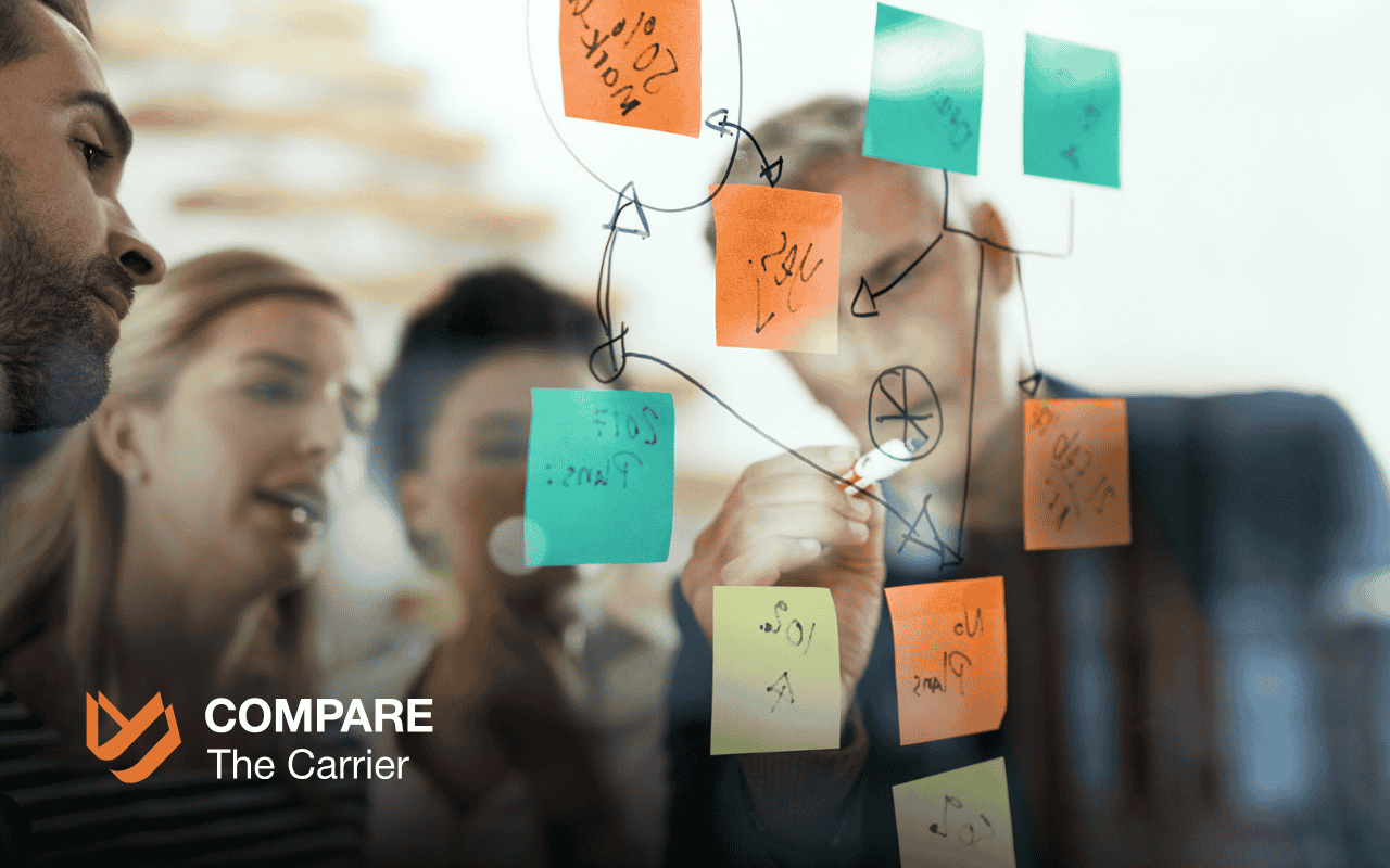 Team strategizing lead tracking on a whiteboard with sticky notes - Compare The Carrier article on lead tracking strategies.