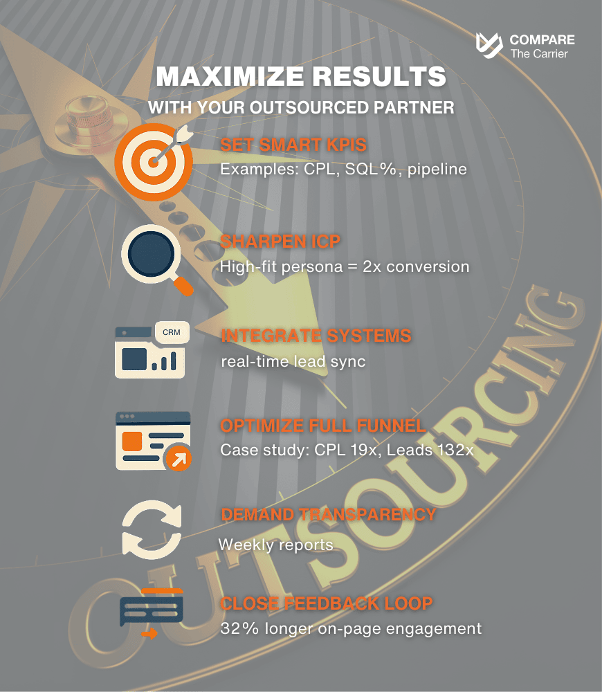 Vertical infographic listing six best practices—set SMART KPIs, sharpen ICP, integrate systems, optimize full funnel (CPL ↓9×, leads ↑32×), demand transparency, close feedback loop (32 % longer engagement)