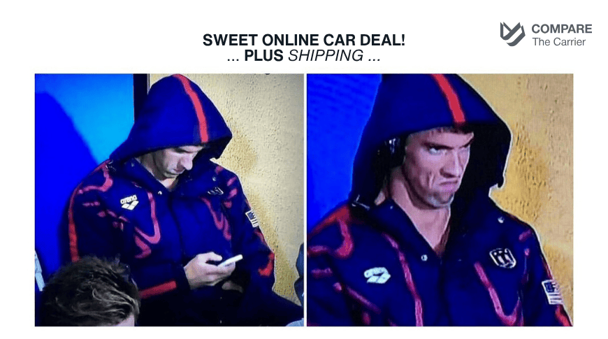 Michael Phelps meme Meme of swimmer Michael Phelps looking intensely focused while hooded, captioned "SWEET ONLINE CAR DEAL! ... PLUS SHIPPING ...", humorously depicting the unexpected cost of vehicle delivery after finding a good online car price.