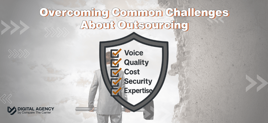 Shield icon with five checked items—Voice, Quality, Cost, Security, Expertise—illustrating how outsourcing risks are mitigated.
