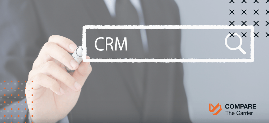 A hand writes "CRM" in a search bar, symbolizing searching for or setting up a CRM system.