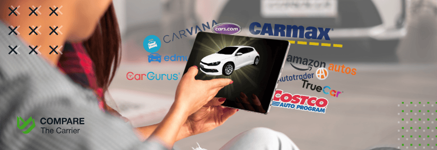 online car buying sites A person holds a tablet displaying a white car, surrounded by logos of various online car buying platforms including Carvana, CarMax, and others, visually representing the act of comparing different online options for purchasing a vehicle.