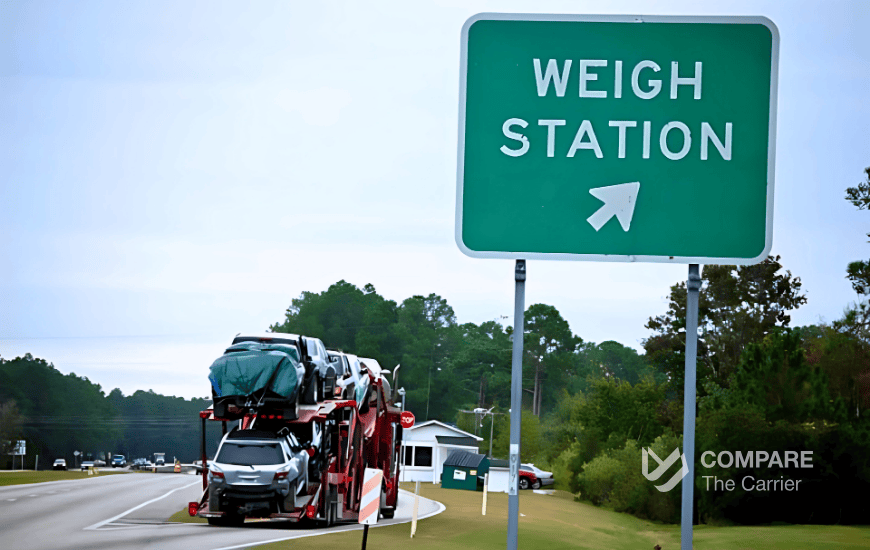 weigh station auto transport weighing a multi-car hauler to enforce weight limits on transported vehicles