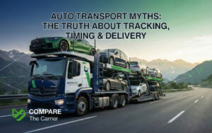 A truck loaded with cars moves along a mountain highway.