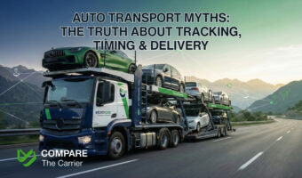 A truck loaded with cars moves along a mountain highway.