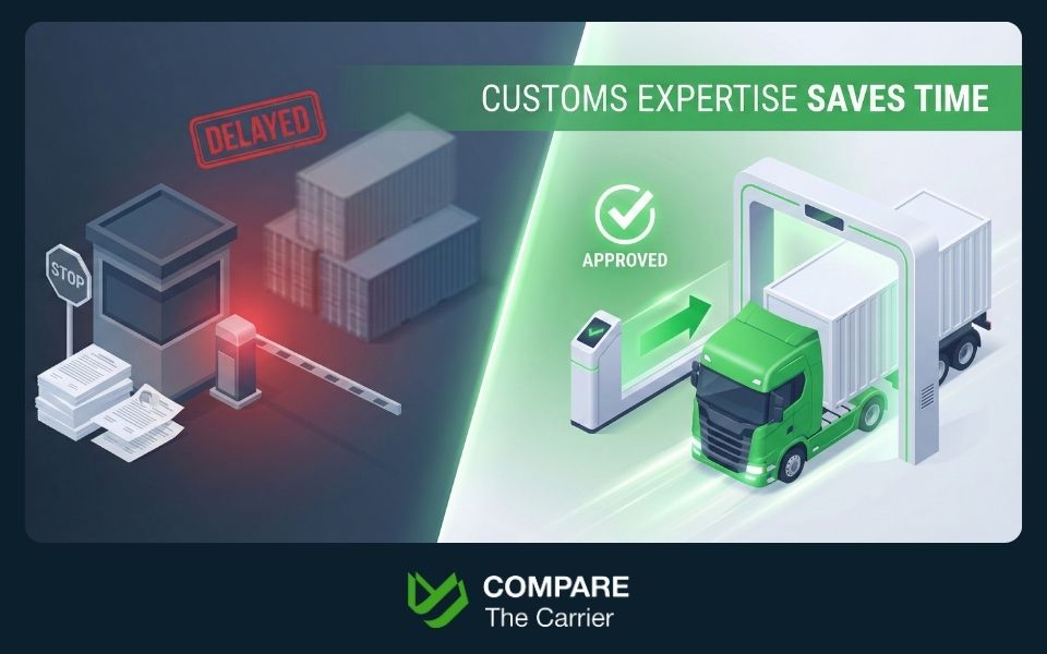 Green corridor customs checkpoint with an approved truck passing freely while delayed shipments wait in red zone.