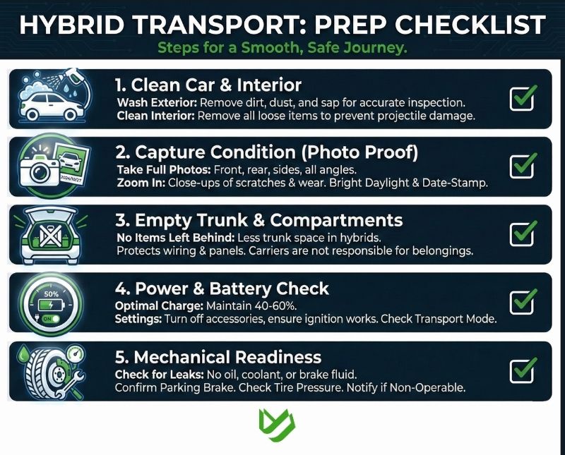 Checklist for preparing a hybrid car for shipping.
