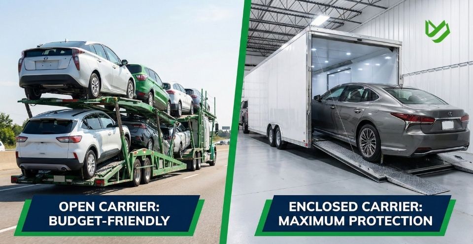 Comparison of open car carrier versus enclosed auto transport for hybrid vehicles.