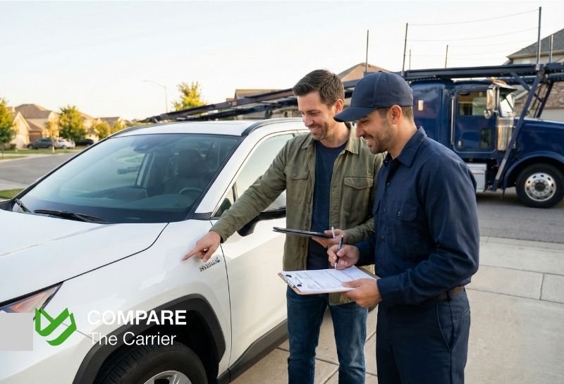 Car owner inspecting hybrid vehicle upon delivery and signing the Bill of Lading.