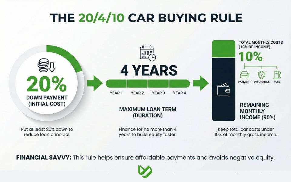 Ideal car budget breakdown chart showing down payment, loan term, and monthly expenses