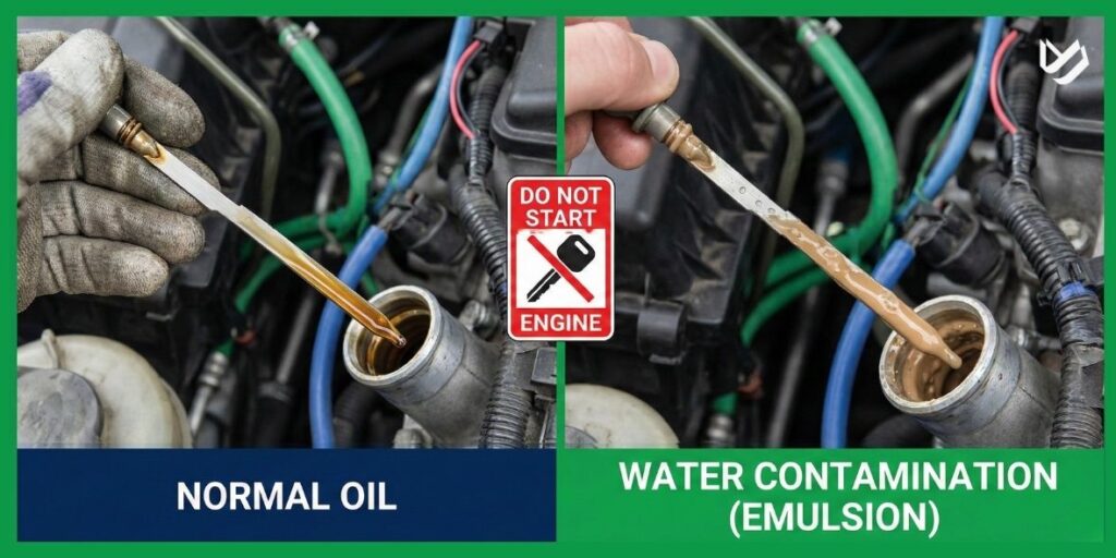 Checking oil in flooded car: milky oil on dipstick indicating water in engine.