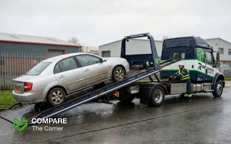 Flatbed tow truck loading a non-running flooded car using a winch.