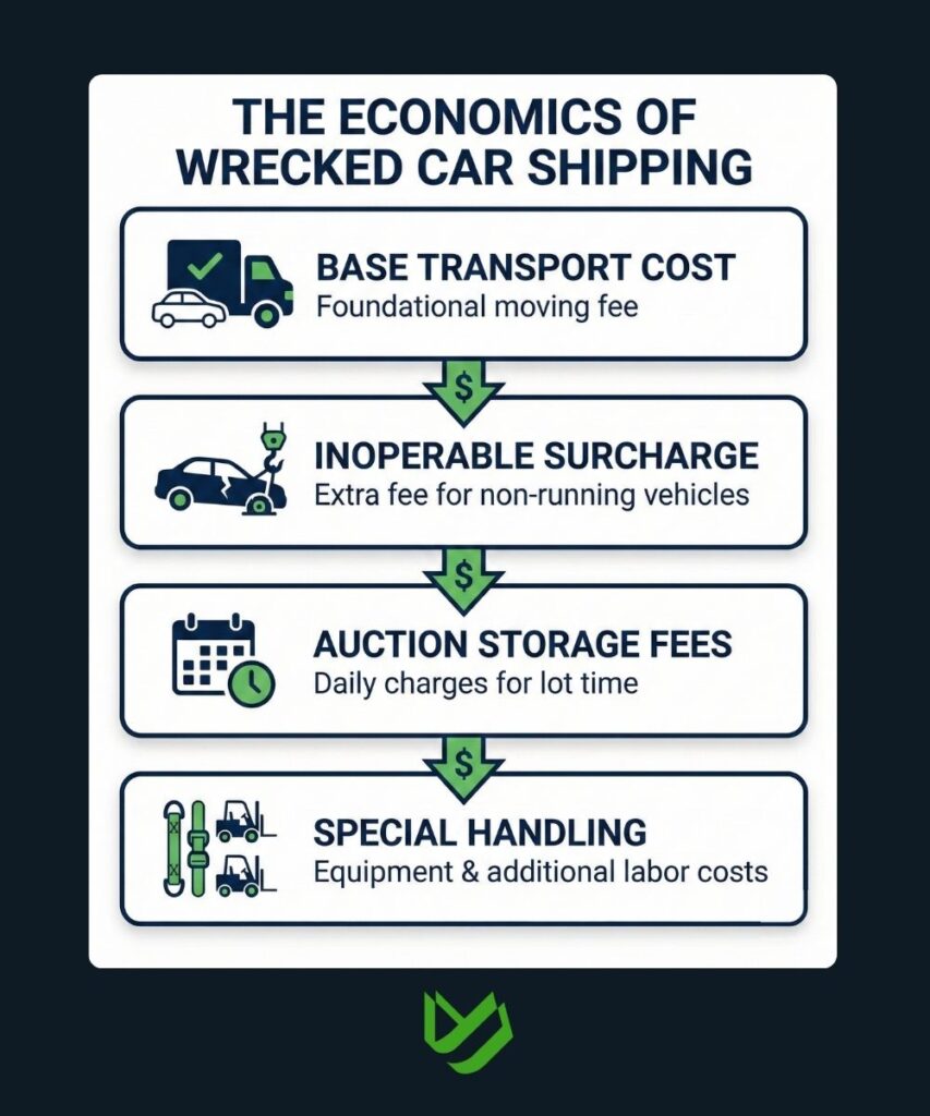 Infographic explaining additional costs for inoperable and salvage car shipping.