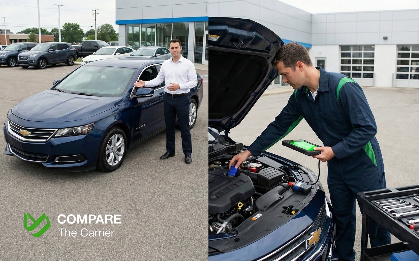 Used car shown polished on one side and with hidden mechanical issues revealed on the other.