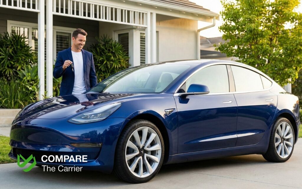 Confident used car buyer standing next to a vehicle after completing a pre-purchase inspection.